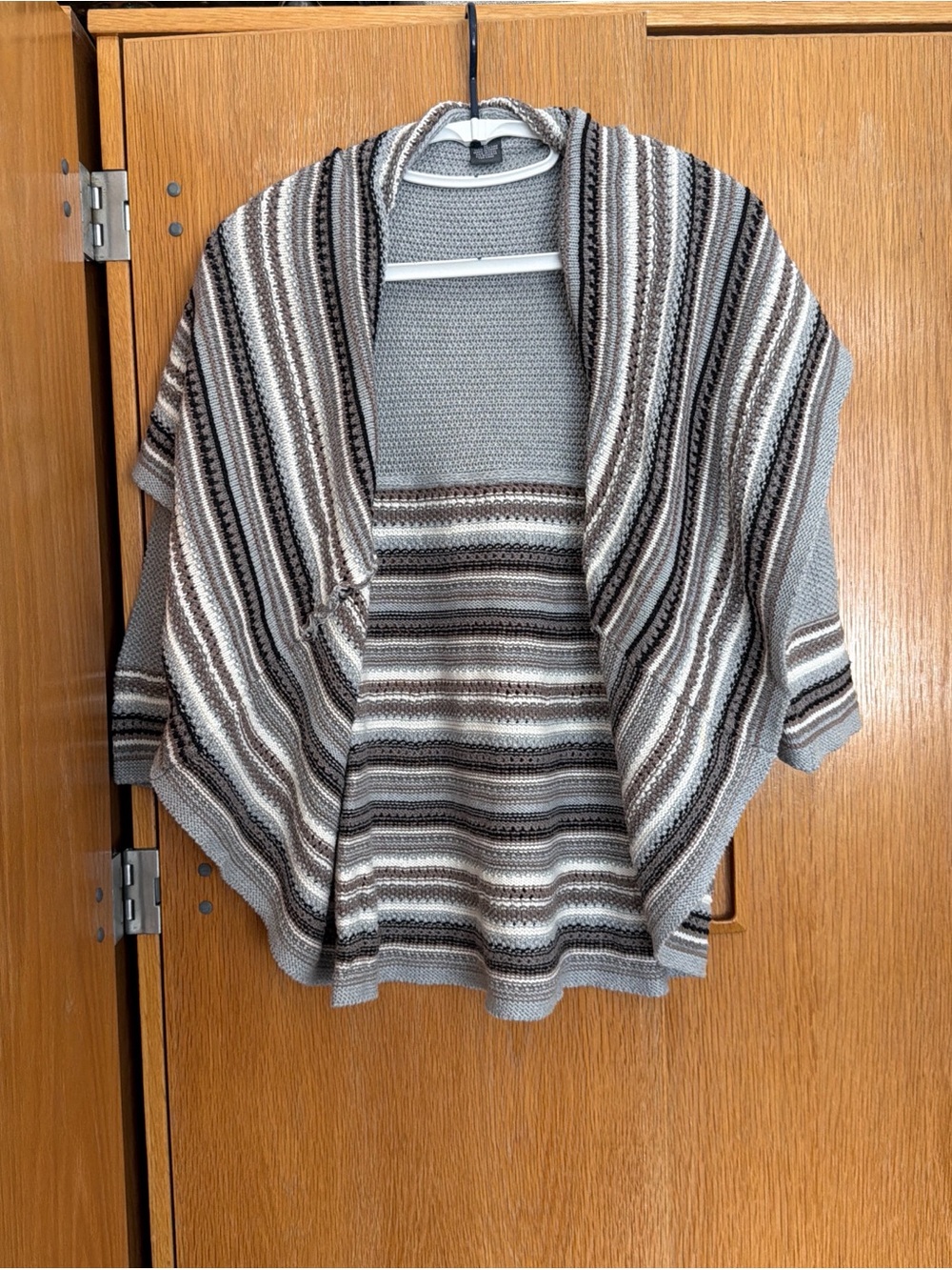 Chelsea & Theodore Striped Open-Front Poncho Sweater in Gray, Brown & Cream